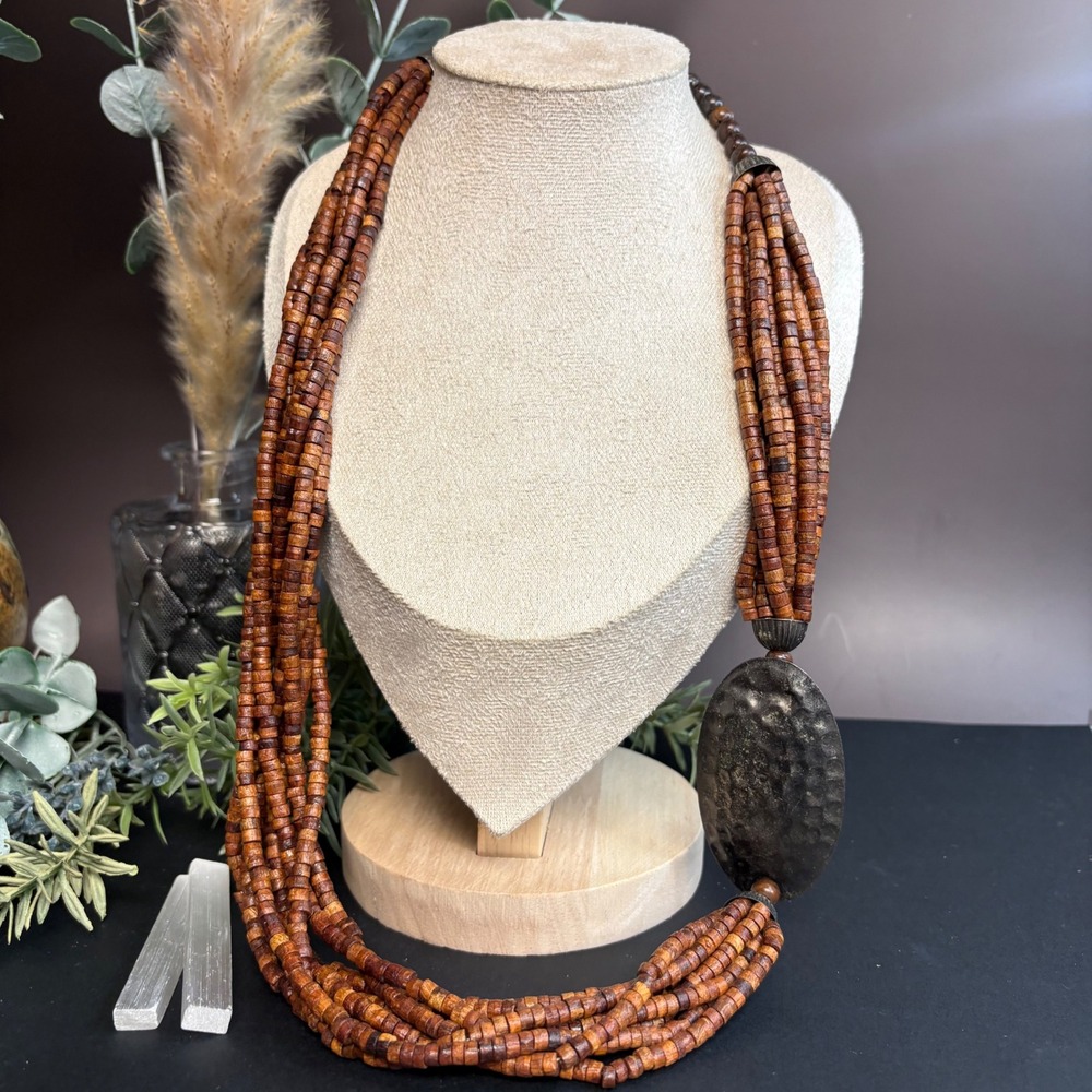 Multi Strand Wood Bead Necklace | Statement Boho Tribal | Metal Accent 26"